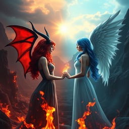 A captivating cover photo for a Wattpad story depicting the unique love between Mina, a beautiful female devil with elegant, dark horns and fiery red hair, and Sapphire, a radiant female angel with delicate white wings and flowing blue hair