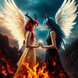 A captivating cover photo for a Wattpad story depicting the unique love between Mina, a beautiful female devil with elegant, dark horns and fiery red hair, and Sapphire, a radiant female angel with delicate white wings and flowing blue hair