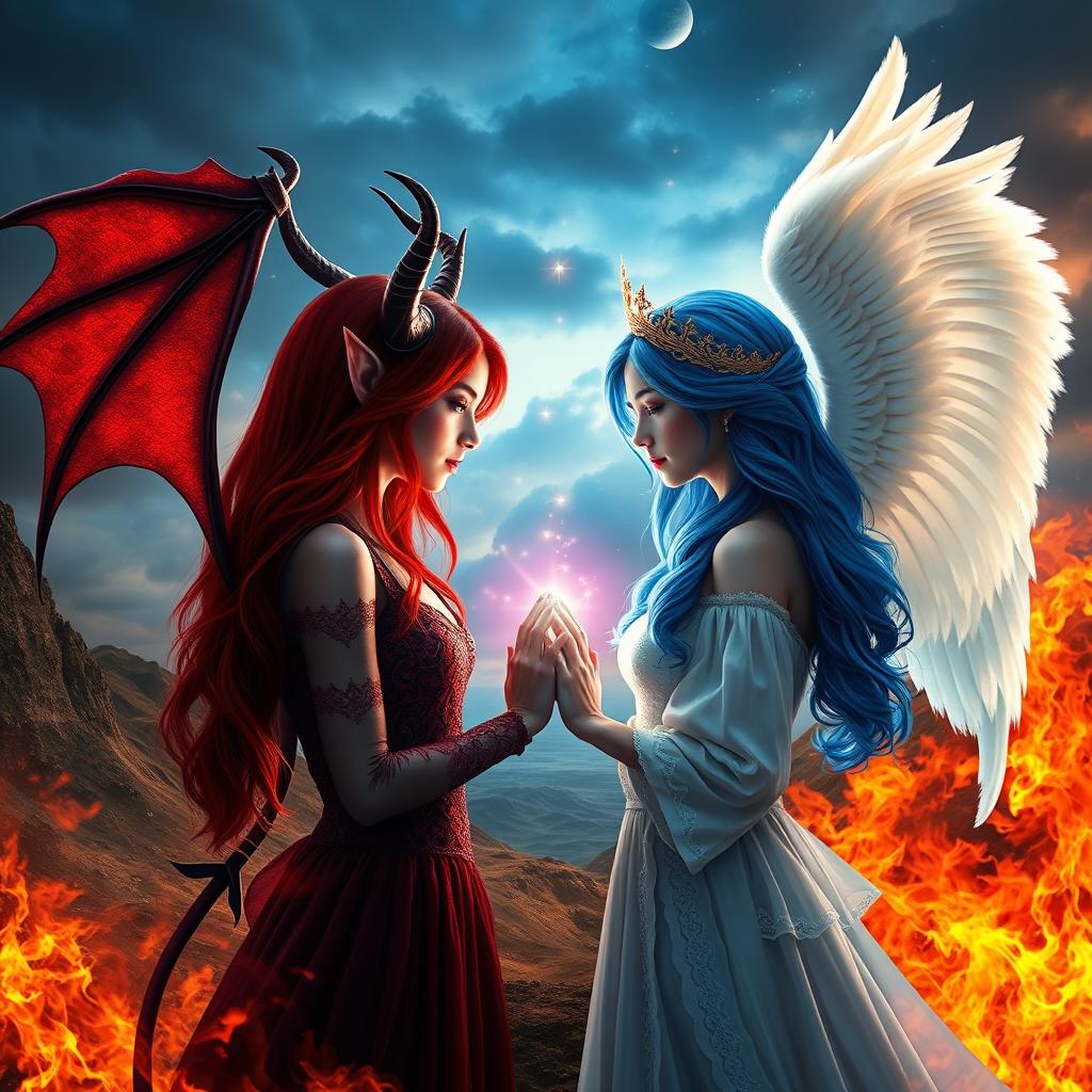 A captivating cover photo for a Wattpad story depicting the unique love between Mina, a beautiful female devil with elegant, dark horns and fiery red hair, and Sapphire, a radiant female angel with delicate white wings and flowing blue hair