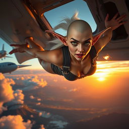 A sexy bald elf woman with striking green eyes and elongated ears, wearing a form-fitting, fantastical outfit, falling out of an aircraft mid-air