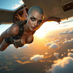 A sexy bald elf woman with striking green eyes and elongated ears, wearing a form-fitting, fantastical outfit, falling out of an aircraft mid-air