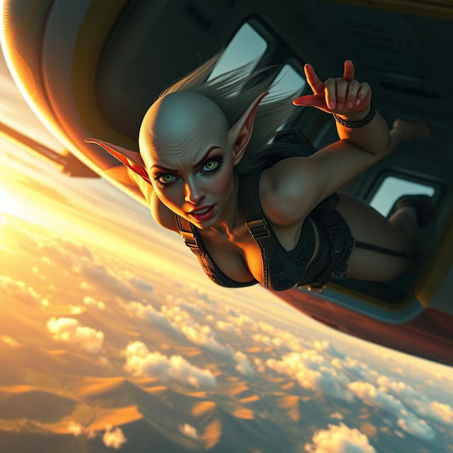 A sexy bald elf woman with striking green eyes and elongated ears, wearing a form-fitting, fantastical outfit, falling out of an aircraft mid-air