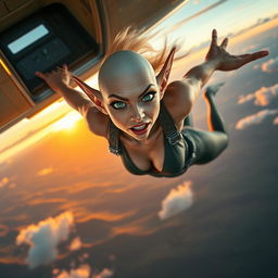 A sexy bald elf woman with striking green eyes and elongated ears, wearing a form-fitting, fantastical outfit, falling out of an aircraft mid-air