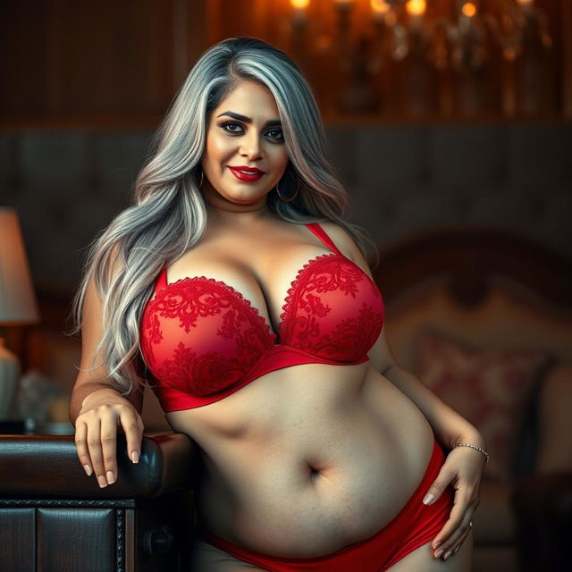 An alluring image of a 55-year-old Indian plus-size woman, embodying the essence of a buxom and passionately voluptuous 'cougar'