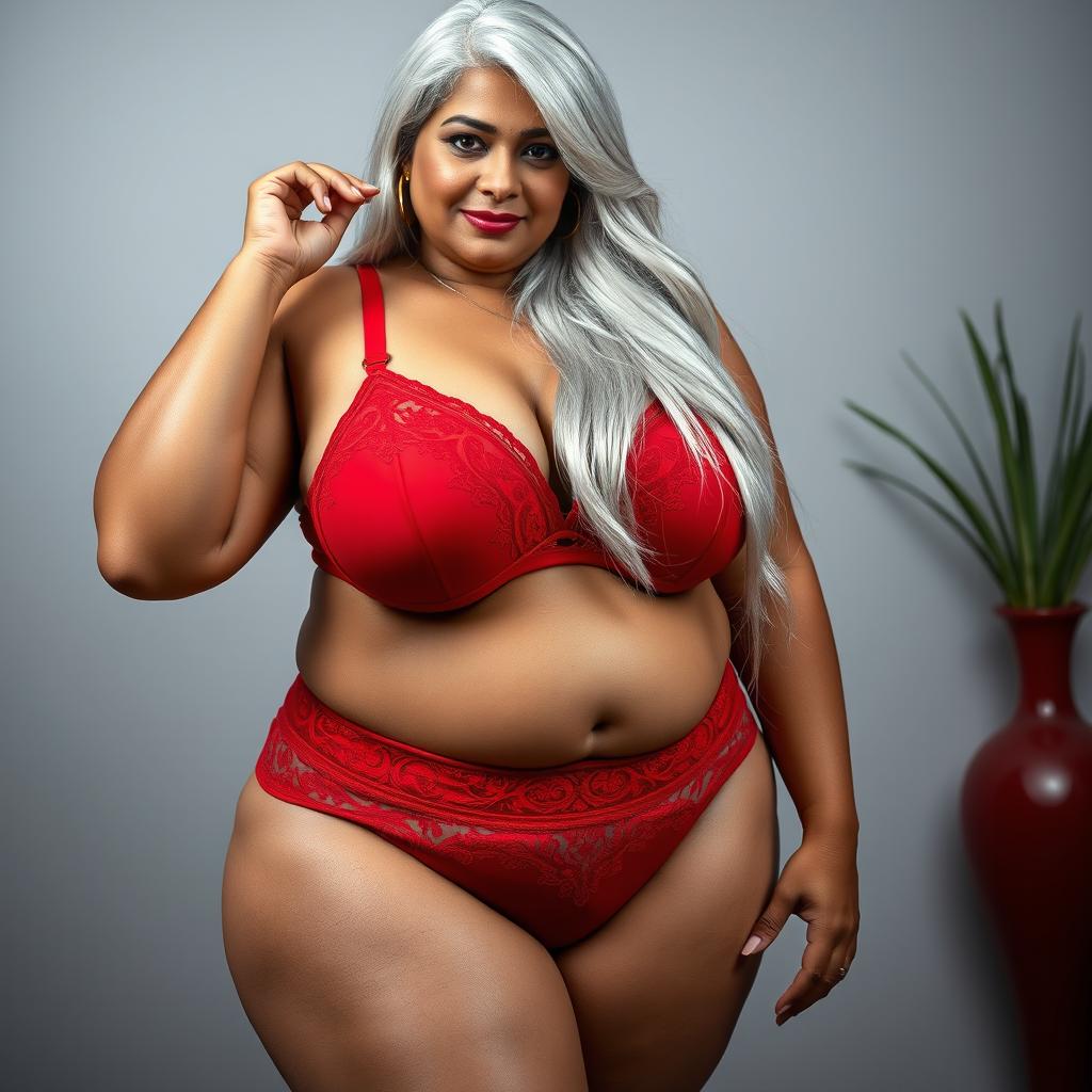 An alluring image of a 55-year-old Indian plus-size woman, embodying the essence of a buxom and passionately voluptuous 'cougar'