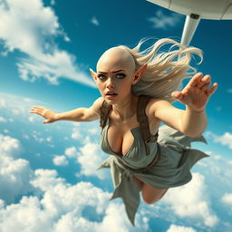 A stunning bald elf woman with delicate features and pointed ears, wearing an elegant yet revealing outfit