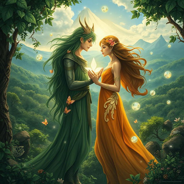 An enchanting cover photo for a Wattpad story illustrating the profound love between Xyleth, the Nature Guardian, depicted as a tall, ethereal figure surrounded by lush greenery, adorned with vines and flowers, and Natalia, the Earth Guardian, portrayed as a strong and graceful figure emanating a warm, earthy glow, embellished with gemstones and minerals