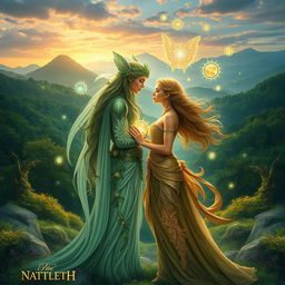 An enchanting cover photo for a Wattpad story illustrating the profound love between Xyleth, the Nature Guardian, depicted as a tall, ethereal figure surrounded by lush greenery, adorned with vines and flowers, and Natalia, the Earth Guardian, portrayed as a strong and graceful figure emanating a warm, earthy glow, embellished with gemstones and minerals