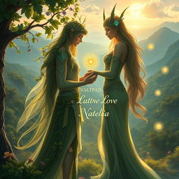 An enchanting cover photo for a Wattpad story illustrating the profound love between Xyleth, the Nature Guardian, depicted as a tall, ethereal figure surrounded by lush greenery, adorned with vines and flowers, and Natalia, the Earth Guardian, portrayed as a strong and graceful figure emanating a warm, earthy glow, embellished with gemstones and minerals