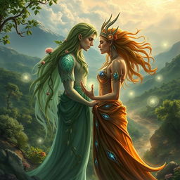 An enchanting cover photo for a Wattpad story illustrating the profound love between Xyleth, the Nature Guardian, depicted as a tall, ethereal figure surrounded by lush greenery, adorned with vines and flowers, and Natalia, the Earth Guardian, portrayed as a strong and graceful figure emanating a warm, earthy glow, embellished with gemstones and minerals