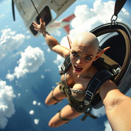 A sexy bald elf woman with elongated ears, wearing a fantastical outfit, falling out of a plane, her face showing a scared expression with tears streaming down her cheeks