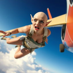 A sexy bald elf woman with elongated ears, wearing a fantastical outfit, falling out of a plane, her face showing a scared expression with tears streaming down her cheeks
