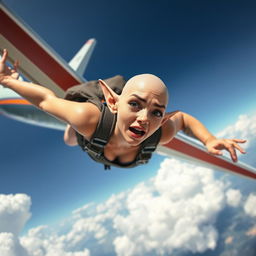 A sexy bald elf woman with elongated ears, wearing a fantastical outfit, falling out of a plane, her face showing a scared expression with tears streaming down her cheeks