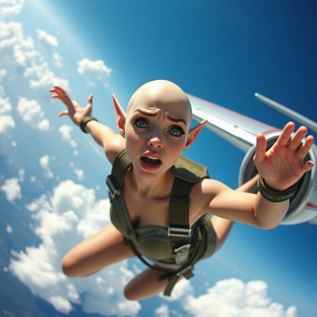 A sexy bald elf woman with elongated ears, wearing a fantastical outfit, falling out of a plane, her face showing a scared expression with tears streaming down her cheeks