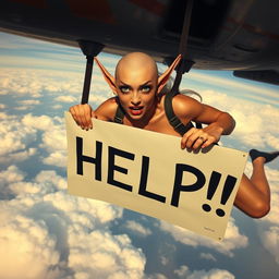 A sexy bald elf woman plummeting from an airplane with a terrified expression on her face, tears streaming down her cheeks