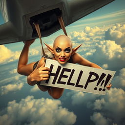 A sexy bald elf woman plummeting from an airplane with a terrified expression on her face, tears streaming down her cheeks