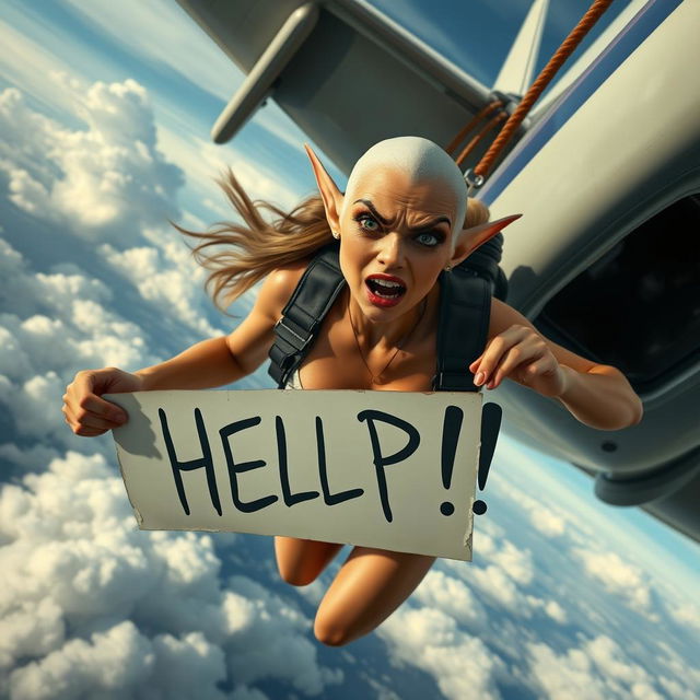 A sexy bald elf woman plummeting from an airplane with a terrified expression on her face, tears streaming down her cheeks