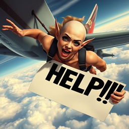 A sexy bald elf woman plummeting from an airplane with a terrified expression on her face, tears streaming down her cheeks