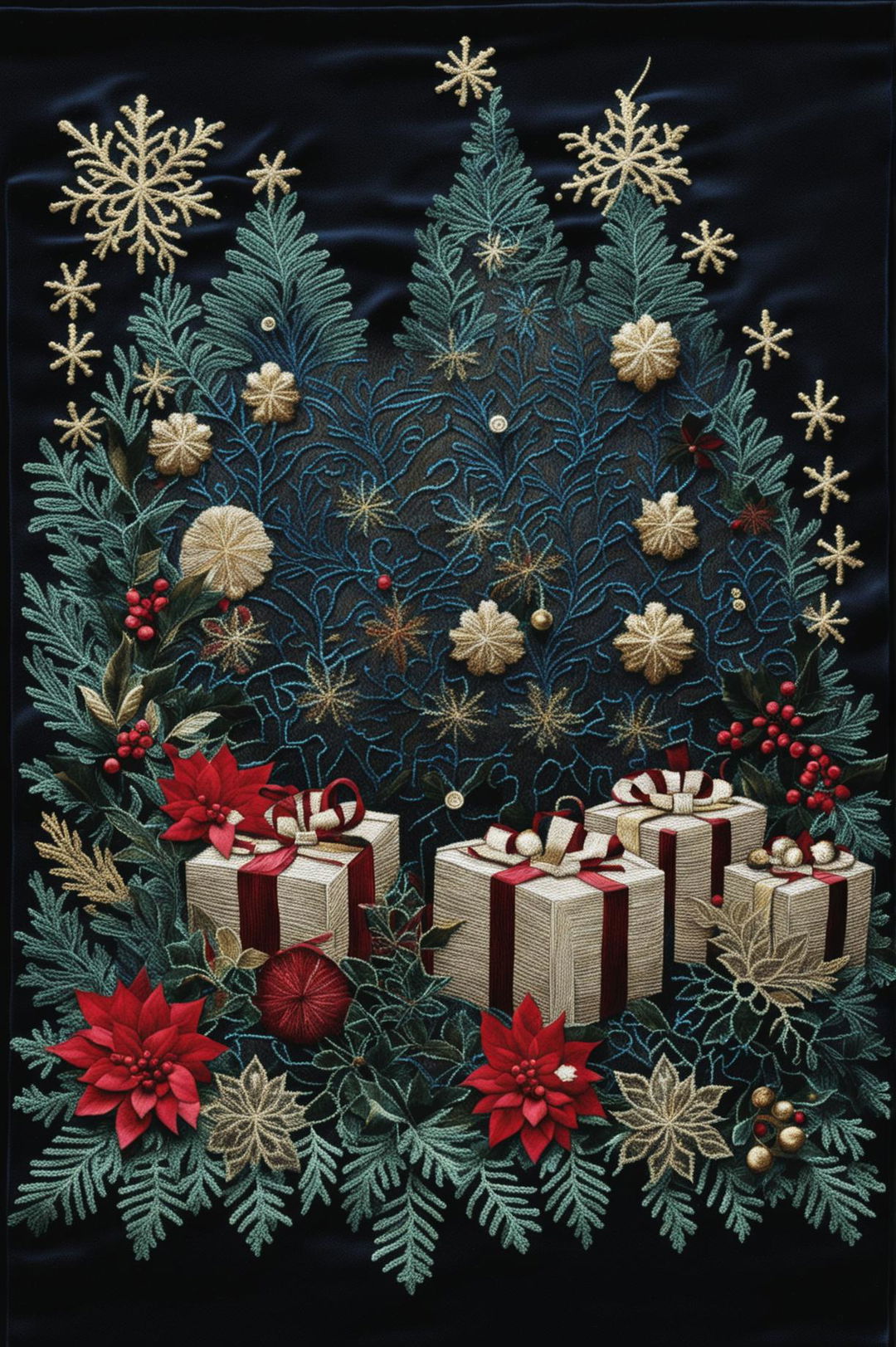 This digital art represents a luxurious Christmas-themed embroidery