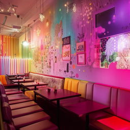 A modern, aesthetically pleasing restaurant featuring stylish decor, a unique dining space, and an Instagrammable selfie wall embellished with colorful murals, twinkling fairy lights, and trendy props.