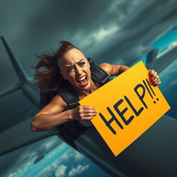 A sexy bald woman falling out of a plane, her expression is one of fear and desperation as tears stream down her cheeks