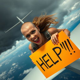 A sexy bald woman falling out of a plane, her expression is one of fear and desperation as tears stream down her cheeks