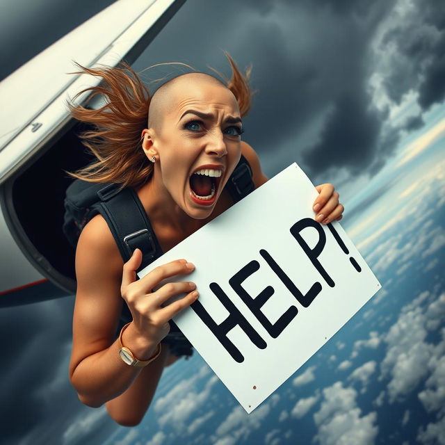 A sexy bald woman falling out of a plane, her expression is one of fear and desperation as tears stream down her cheeks