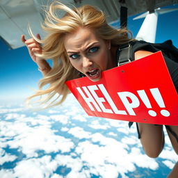 A beautiful and sexy blonde woman with long flowing hair, wearing a stylish but tattered outfit, looks terrified as she falls out of a plane