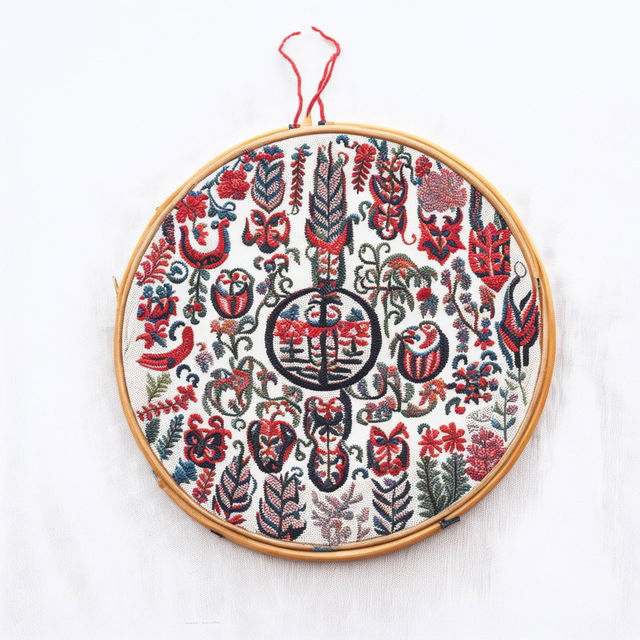 A high-definition image showcasing traditional Otomi embroidery on an embroidery hoop