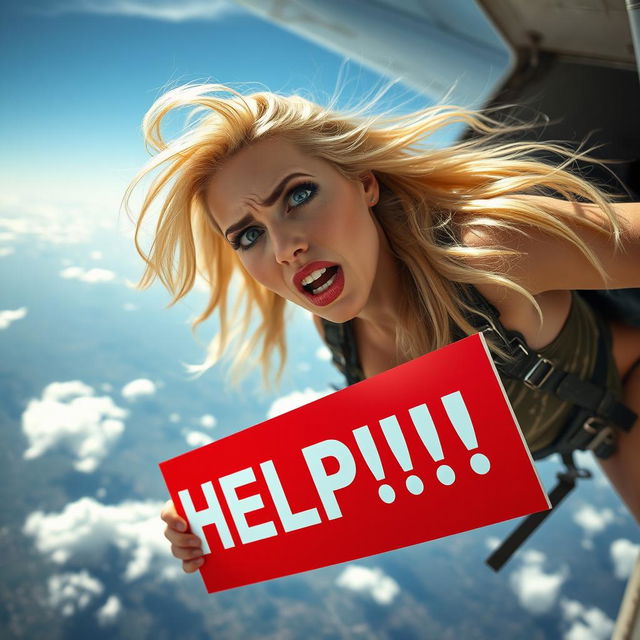 A beautiful and sexy blonde woman with long flowing hair, wearing a stylish but tattered outfit, looks terrified as she falls out of a plane