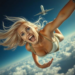 A sexy blonde woman plummeting from the sky, her long flowing hair blowing around her as she falls