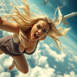A sexy blonde woman plummeting from the sky, her long flowing hair blowing around her as she falls