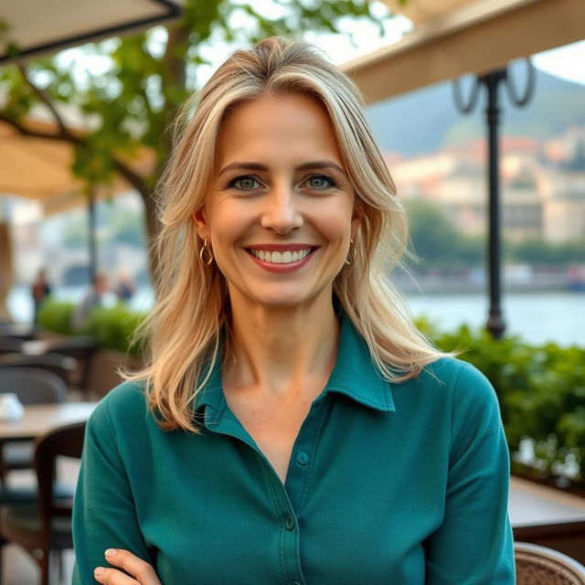 A full-height photograph of a woman aged 30 to 45 years with a natural appearance, characterized by minimal makeup and well-groomed hair