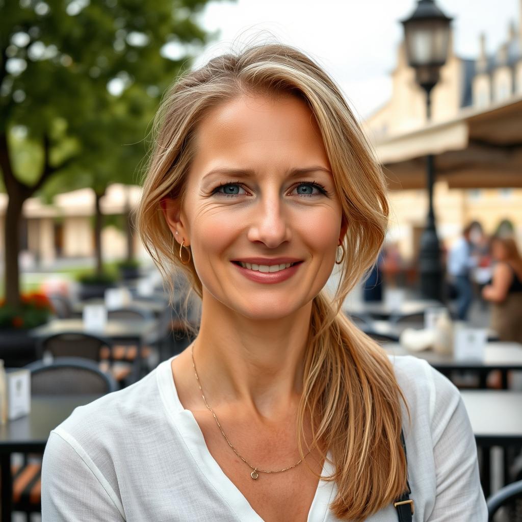 A full-height photograph of a woman aged 30 to 45 years with a natural appearance, characterized by minimal makeup and well-groomed hair