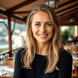A full-height photograph of a woman aged 30 to 45 years with a natural appearance, characterized by minimal makeup and well-groomed hair