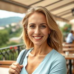 A full-height photograph of a woman aged 30 to 45 years with a natural appearance, characterized by minimal makeup and well-groomed hair