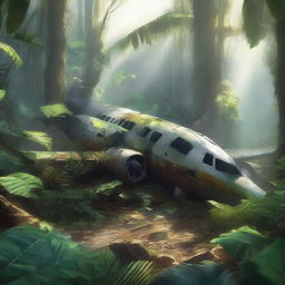 A high-quality digital painting of a crashed airplane in the dense Amazon rainforest