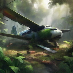 A high-quality digital painting of a crashed airplane in the dense Amazon rainforest