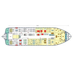 A detailed floor plan of a roll-on/roll-off (RoRo) ship, showcasing various levels including vehicle decks, passenger areas, and machinery rooms