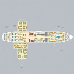 A detailed floor plan of a roll-on/roll-off (RoRo) ship, showcasing various levels including vehicle decks, passenger areas, and machinery rooms