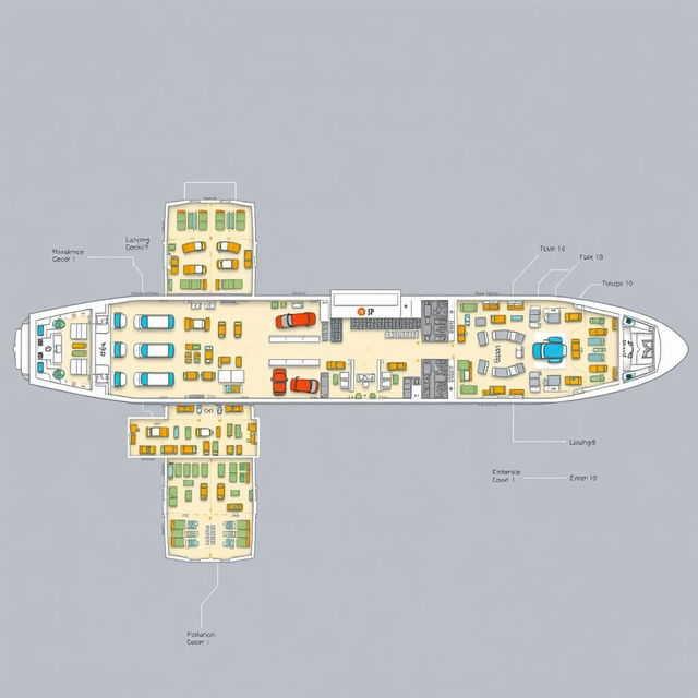 A detailed floor plan of a roll-on/roll-off (RoRo) ship, showcasing various levels including vehicle decks, passenger areas, and machinery rooms