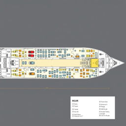 A detailed floor plan of a roll-on/roll-off (RoRo) ship, showcasing various levels including vehicle decks, passenger areas, and machinery rooms