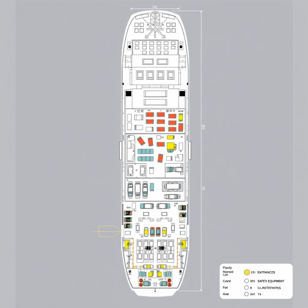 A detailed floor plan of a roll-on/roll-off (RoRo) ship, showcasing various levels including vehicle decks, passenger areas, and machinery rooms