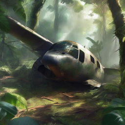 A high-quality digital painting of a crashed airplane in the dense Amazon rainforest