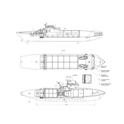 An architectural plan of a Roll-on/Roll-off (RoRo) ship hull construction, showcasing detailed blueprints with labeled sections