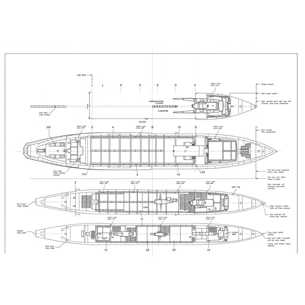 An architectural plan of a Roll-on/Roll-off (RoRo) ship hull construction, showcasing detailed blueprints with labeled sections