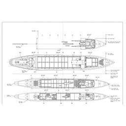 An architectural plan of a Roll-on/Roll-off (RoRo) ship hull construction, showcasing detailed blueprints with labeled sections