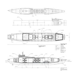 An architectural plan of a Roll-on/Roll-off (RoRo) ship hull construction, showcasing detailed blueprints with labeled sections