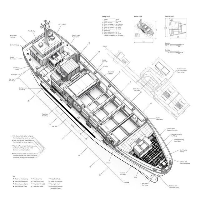 An architectural plan of a Roll-on/Roll-off (RoRo) ship hull construction, showcasing detailed blueprints with labeled sections