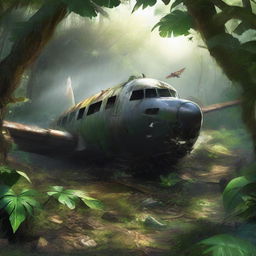 A high-quality digital painting of a crashed airplane in the dense Amazon rainforest